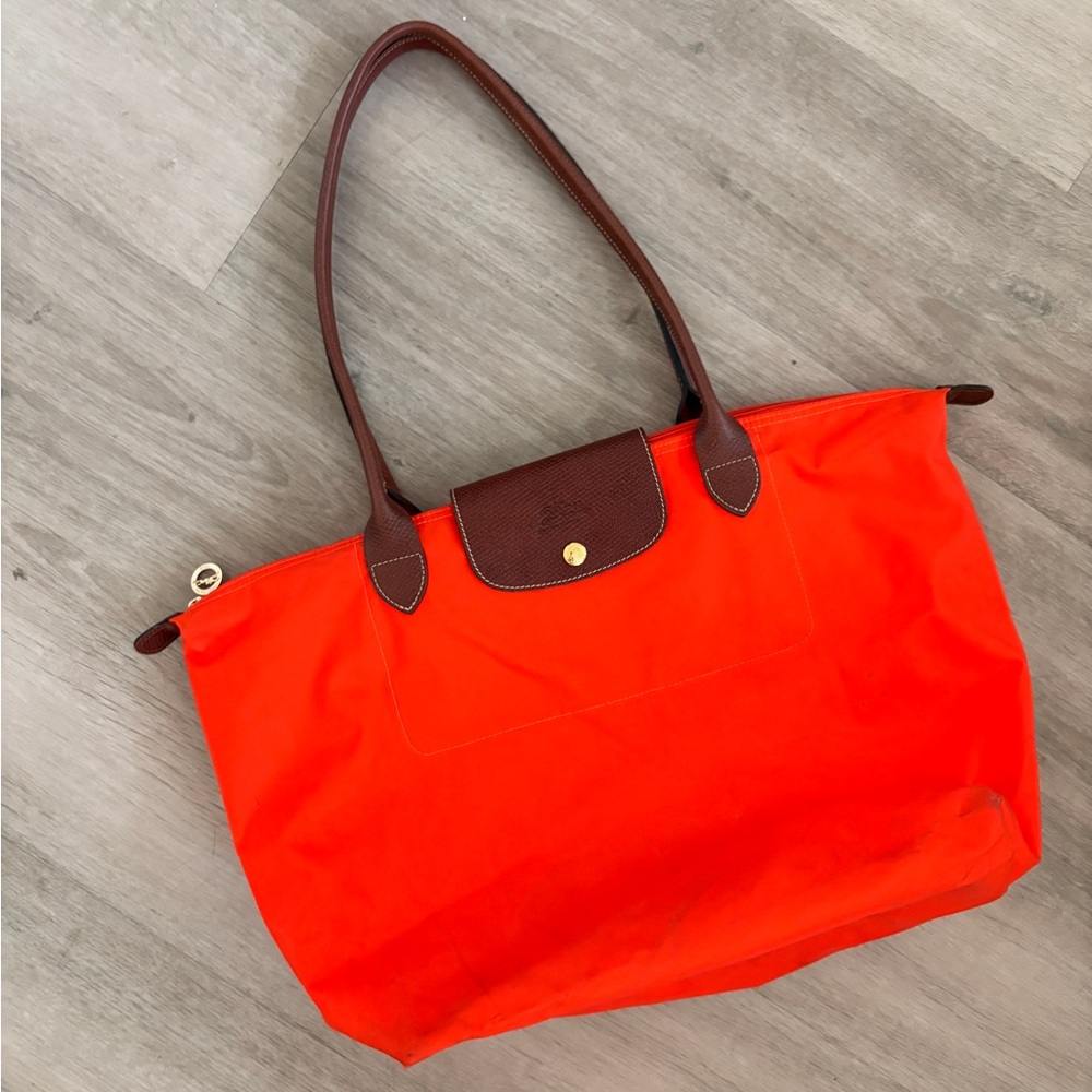 Longchamp Large Orange Tote Bag with Brown Accents